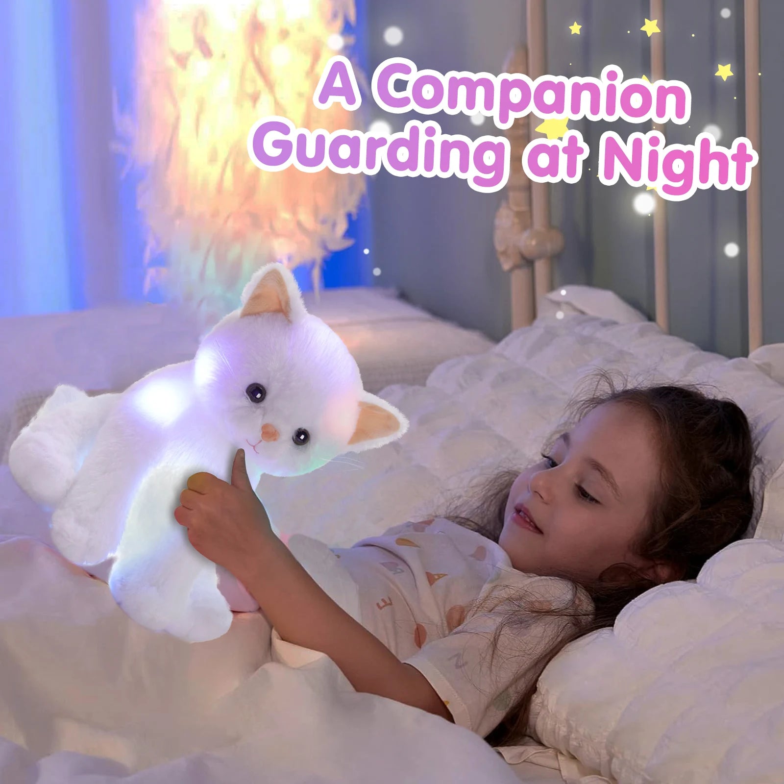 Glowing Musical White Cat Plush Toy，Happy Mother"s Day GiftCute Soft Kitty Stuffed Animal, Birthday Party Gift For Kids