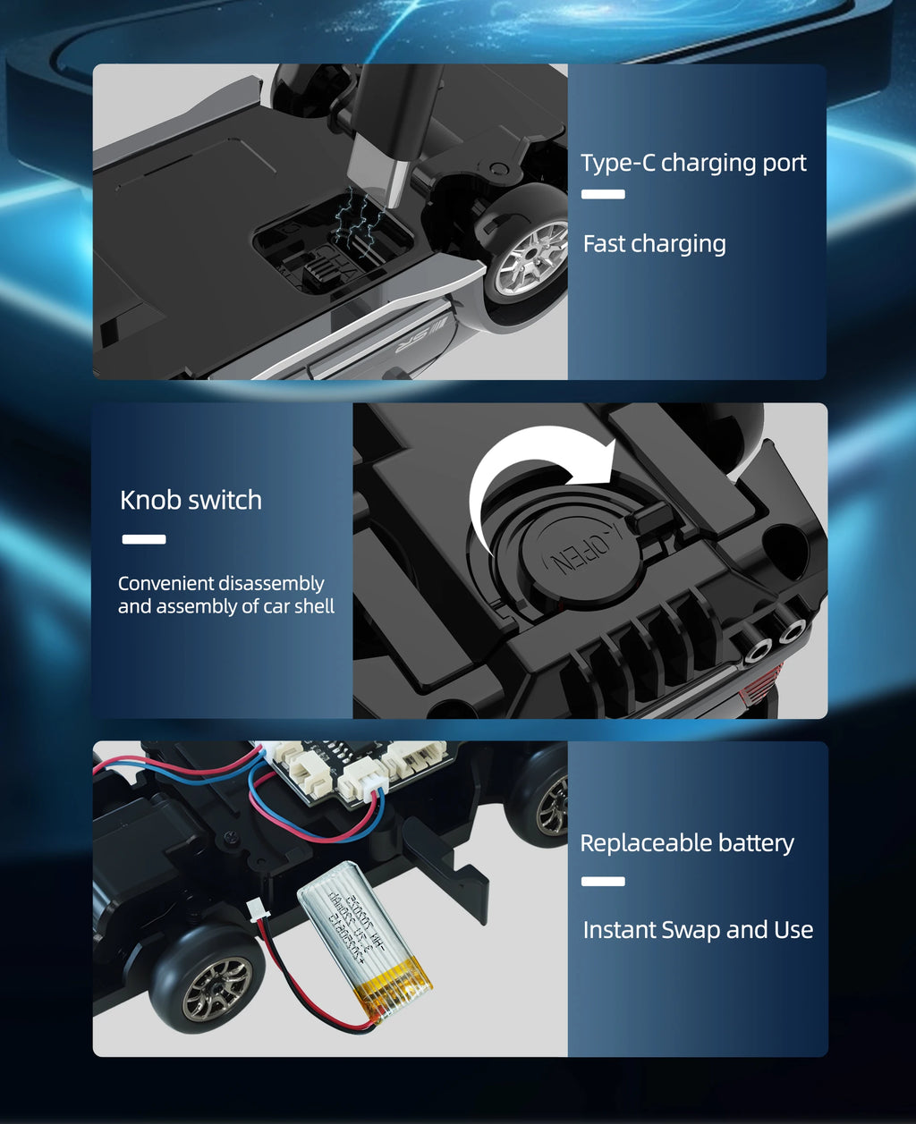 Rc Drift Car 1:43 Scale Full-Size 4WD 2.4g High-speed racing car with gyroscope, equipped with LED and rechargeable function