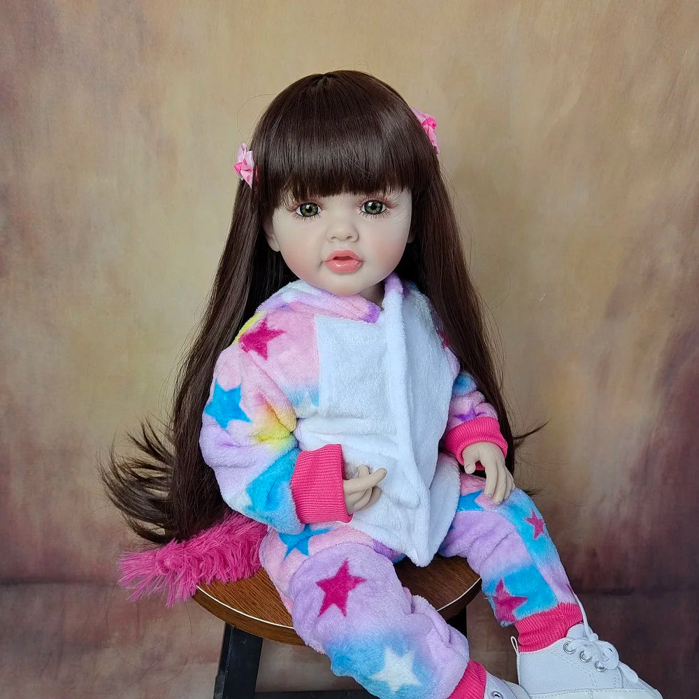 Reborn Baby Girl Doll 55 CM 22 Inch Soft Silicone Lifelike Long Brown Hair Realistic Princess Toddler Bebe Birthday Gift
