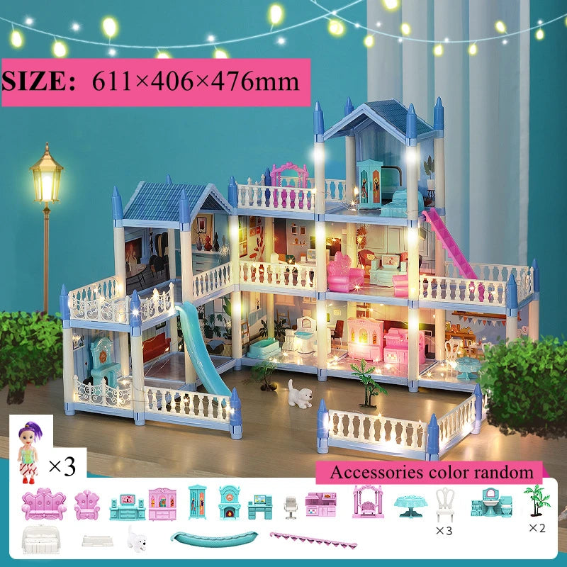 Doll Houses 3D Assembled DIY Miniatures Dollhouse Accessories Villa Princess Castle with LED Light Girl Birthday Gift Toy House