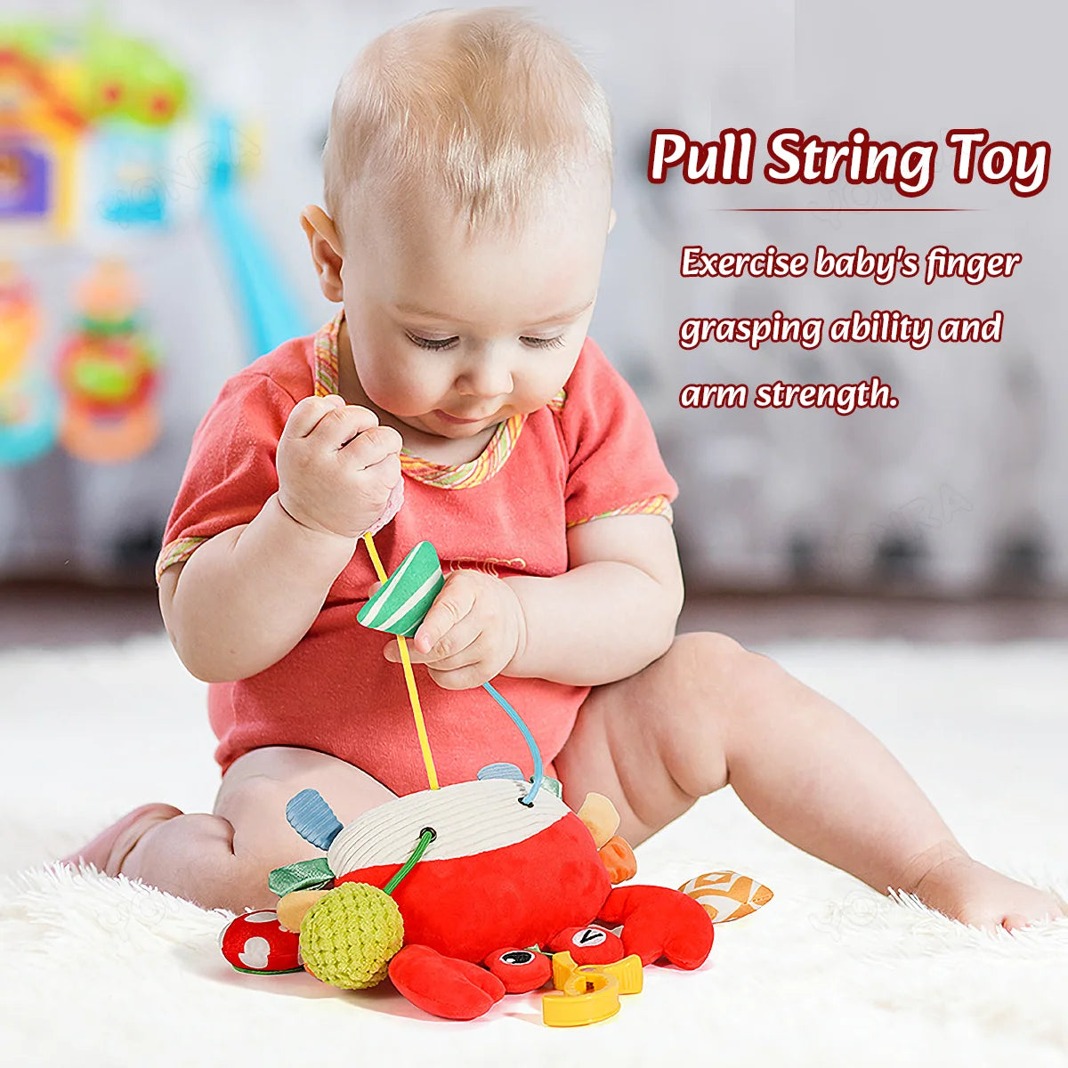 Plush Pull String Sensory Toys with Rattle Montessori Toys for Babies Toddlers Mobiles for Cribs Birthday Gifts Travel Toys