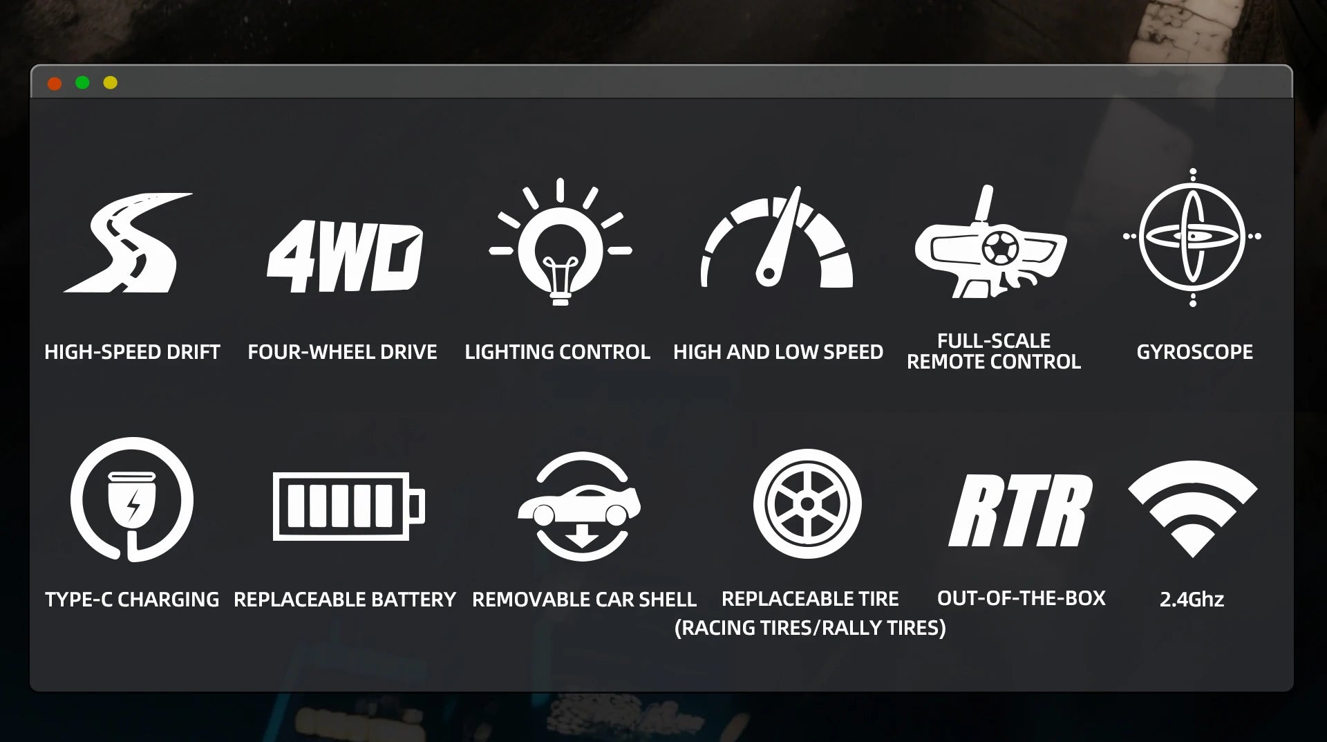 Rc Drift Car 1:43 Scale Full-Size 4WD 2.4g High-speed racing car with gyroscope, equipped with LED and rechargeable function