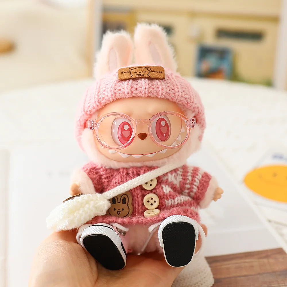 Doll clothes for Labubu Outfit V1 V2 V3 17cm Dolls Sitting Accessories Glasses Clothing Designer Kids Gift Sweater Hat Bag Set