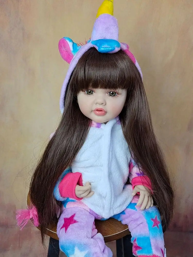 Reborn Baby Girl Doll 55 CM 22 Inch Soft Silicone Lifelike Long Brown Hair Realistic Princess Toddler Bebe Birthday Gift