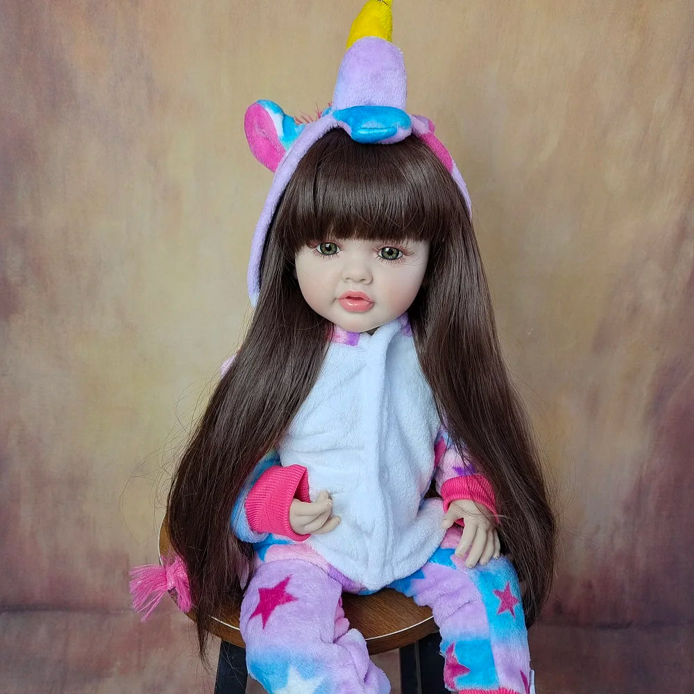 Reborn Baby Girl Doll 55 CM 22 Inch Soft Silicone Lifelike Long Brown Hair Realistic Princess Toddler Bebe Birthday Gift