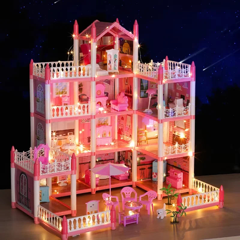 Large Dollhouse, Toddler House for Girls - with dolls, furniture, accessories, LED lights, 4 stories princess dream house toys