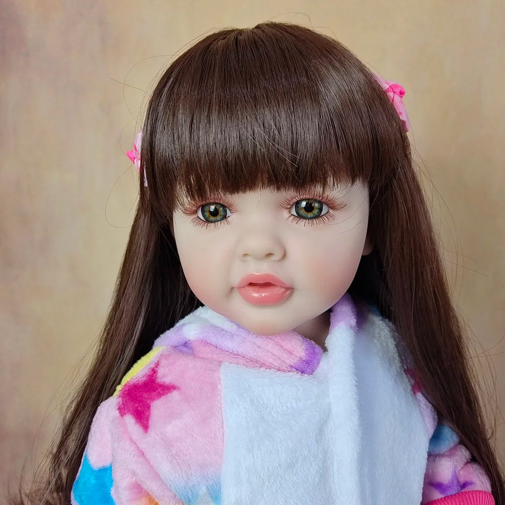 Reborn Baby Girl Doll 55 CM 22 Inch Soft Silicone Lifelike Long Brown Hair Realistic Princess Toddler Bebe Birthday Gift