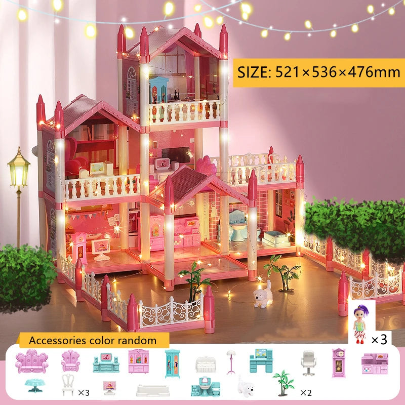Doll Houses 3D Assembled DIY Miniatures Dollhouse Accessories Villa Princess Castle with LED Light Girl Birthday Gift Toy House