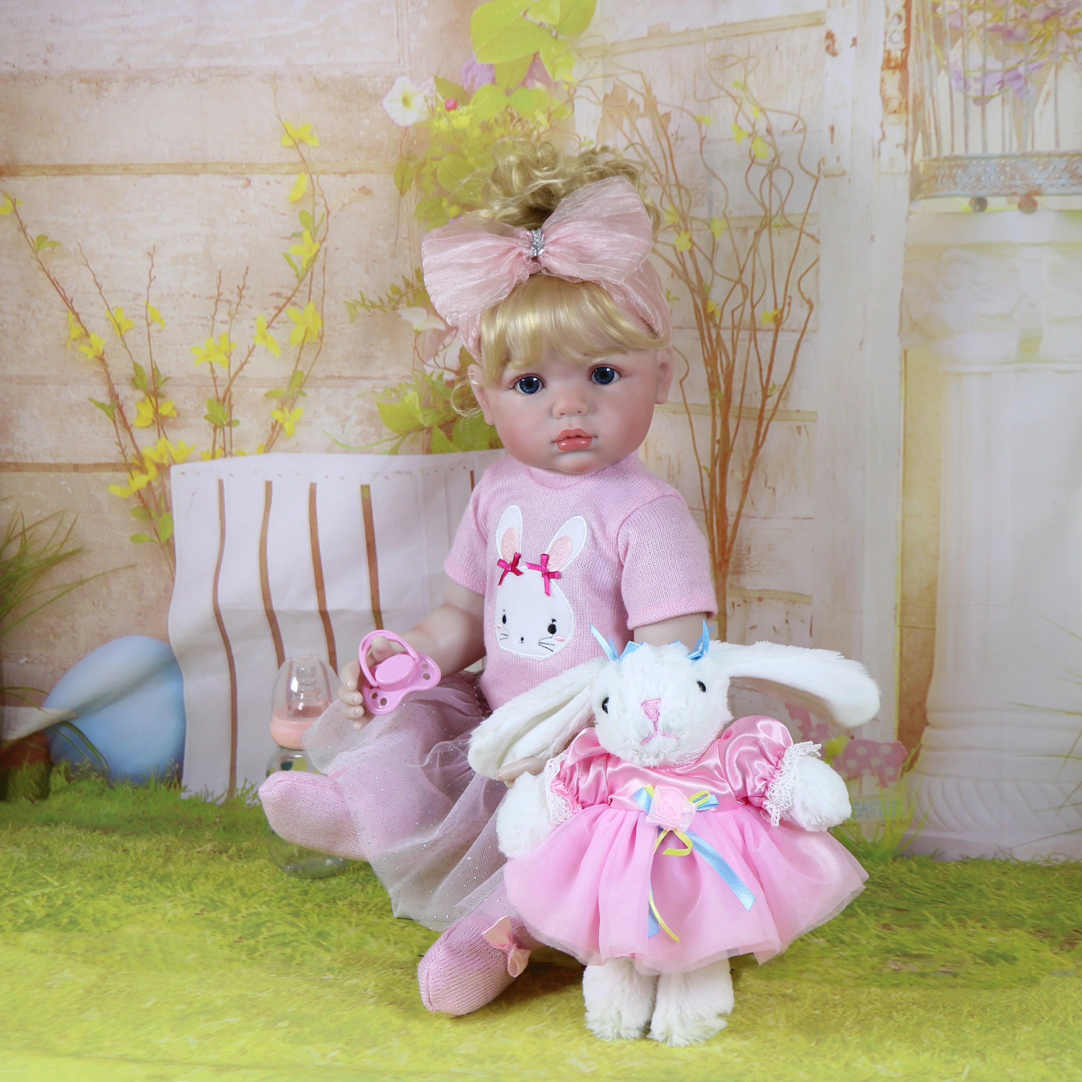 Reborn Baby Doll with 3D Painted on face and Soft Full Vinyl with Rooted Hair with Plush Little Bunny, Perfect Birthday