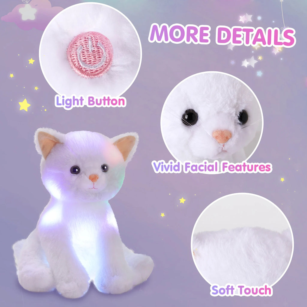 Glowing Musical White Cat Plush Toy，Happy Mother"s Day GiftCute Soft Kitty Stuffed Animal, Birthday Party Gift For Kids