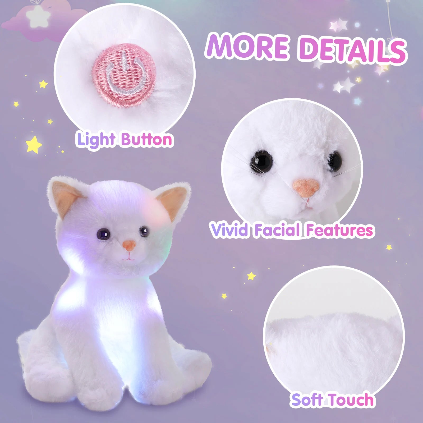 Glowing Musical White Cat Plush Toy，Happy Mother"s Day GiftCute Soft Kitty Stuffed Animal, Birthday Party Gift For Kids