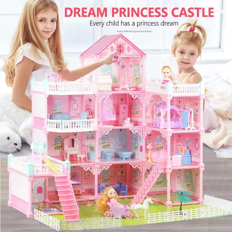 Large Dollhouse, Toddler House for Girls - with dolls, furniture, accessories, LED lights, 4 stories princess dream house toys
