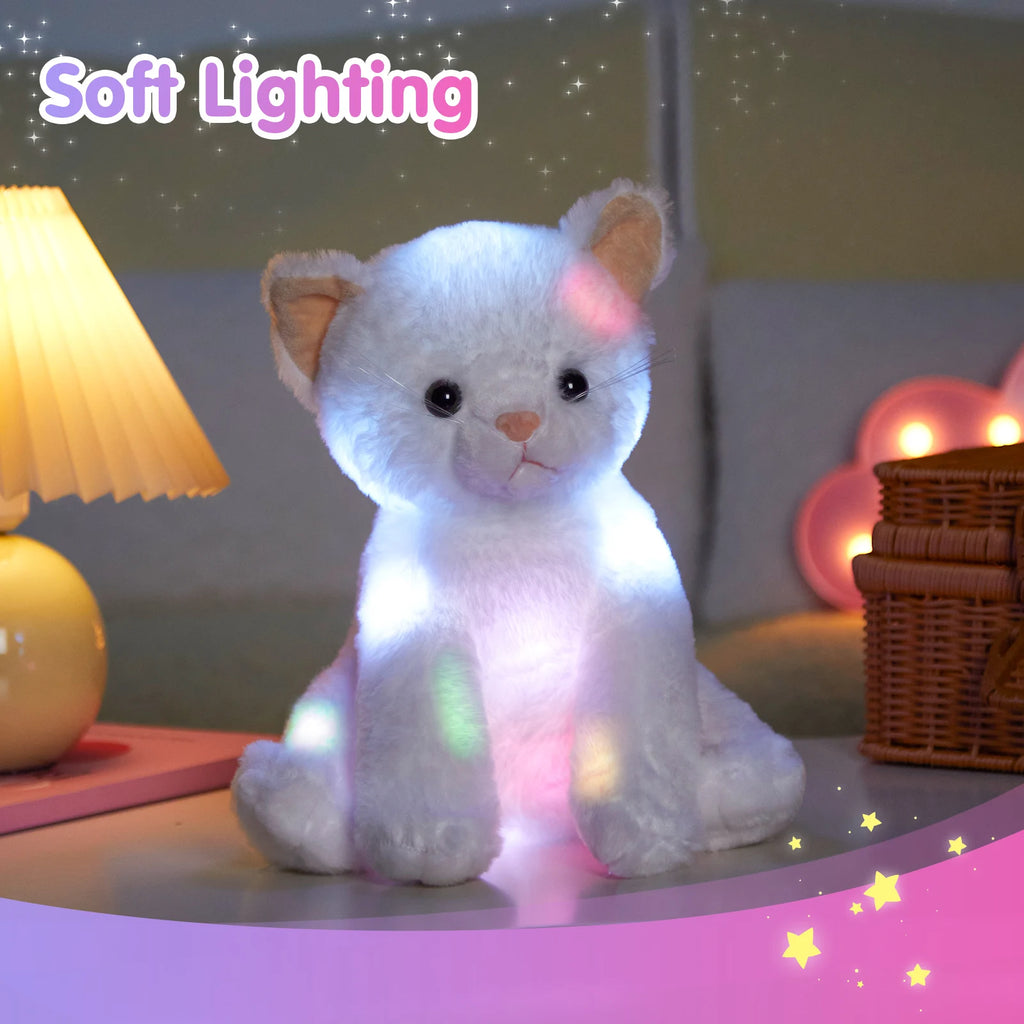 Glowing Musical White Cat Plush Toy，Happy Mother"s Day GiftCute Soft Kitty Stuffed Animal, Birthday Party Gift For Kids