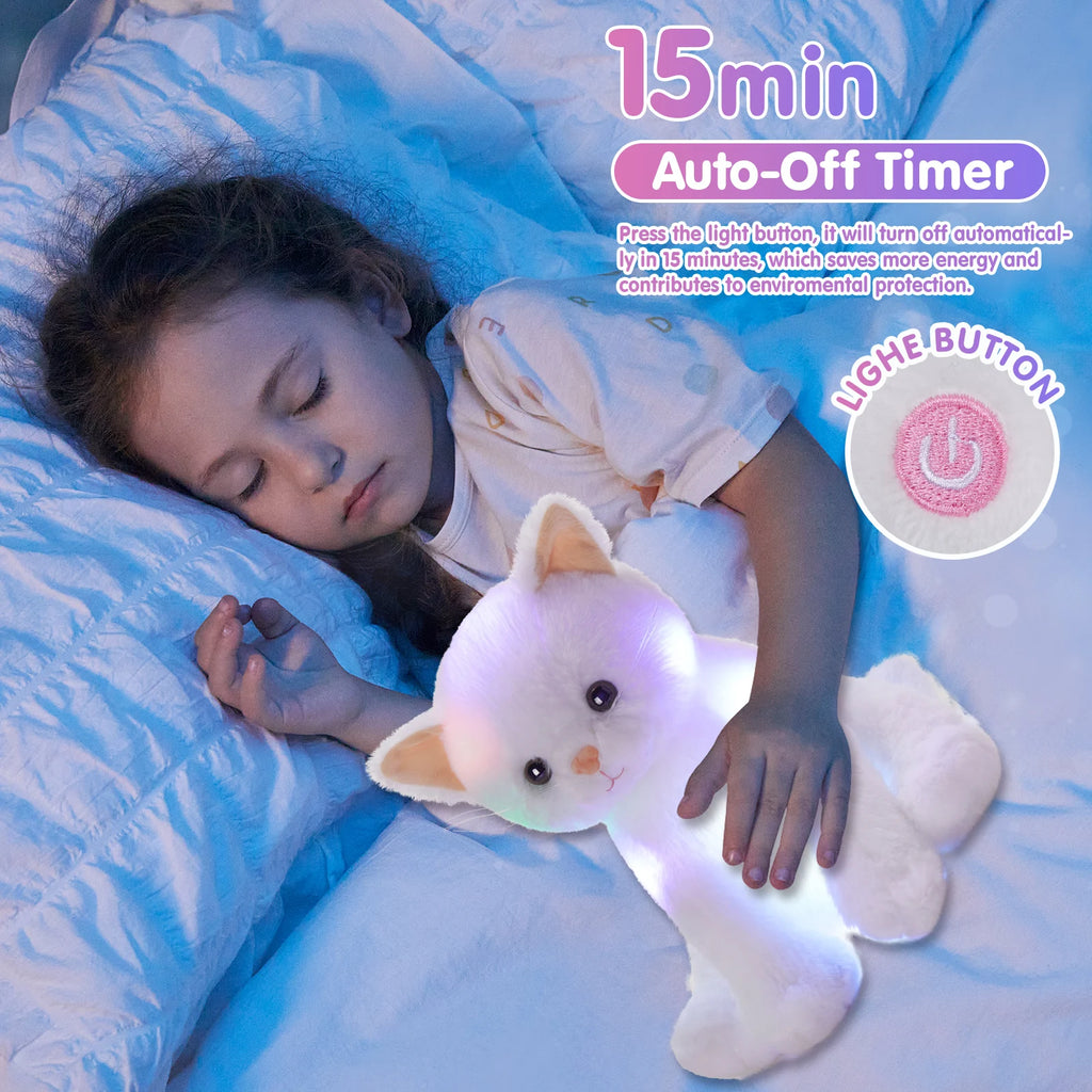 Glowing Musical White Cat Plush Toy，Happy Mother"s Day GiftCute Soft Kitty Stuffed Animal, Birthday Party Gift For Kids