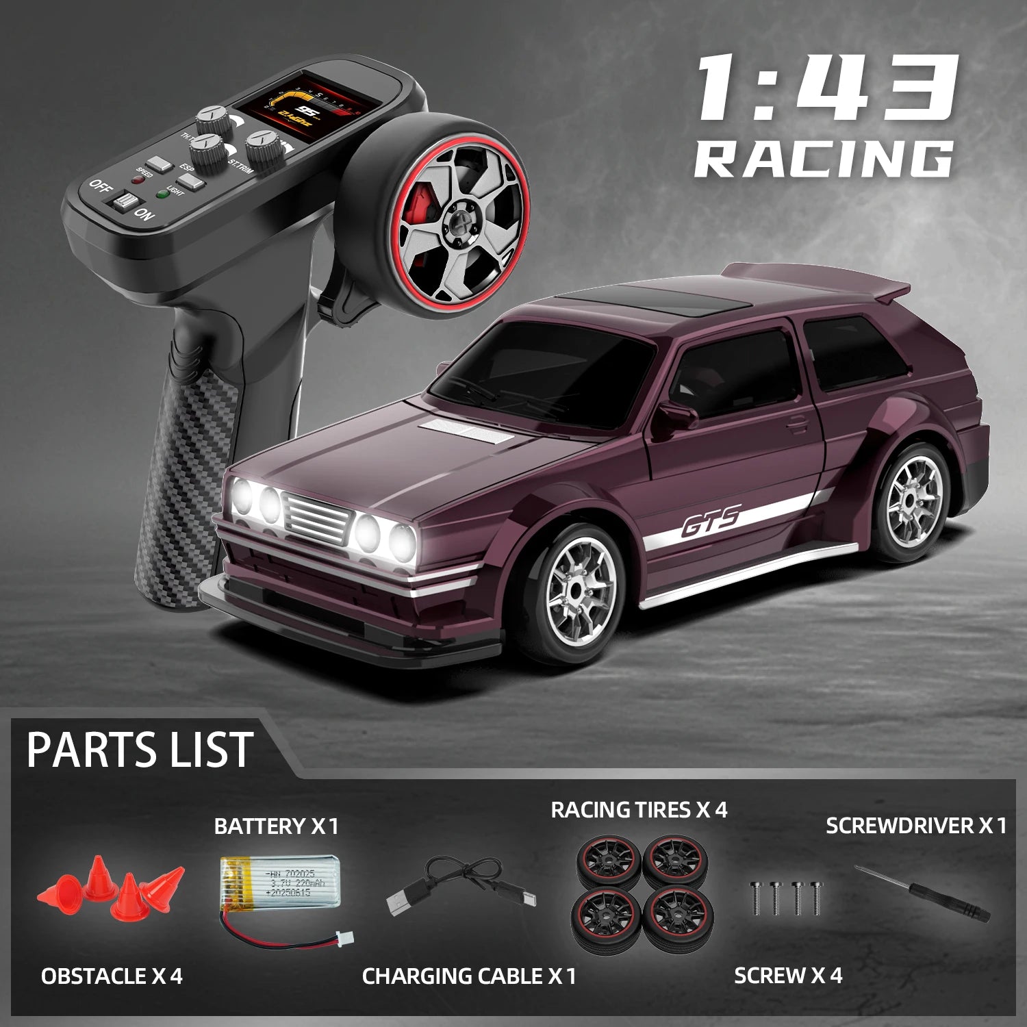 Rc Drift Car 1:43 Scale Full-Size 4WD 2.4g High-speed racing car with gyroscope, equipped with LED and rechargeable function