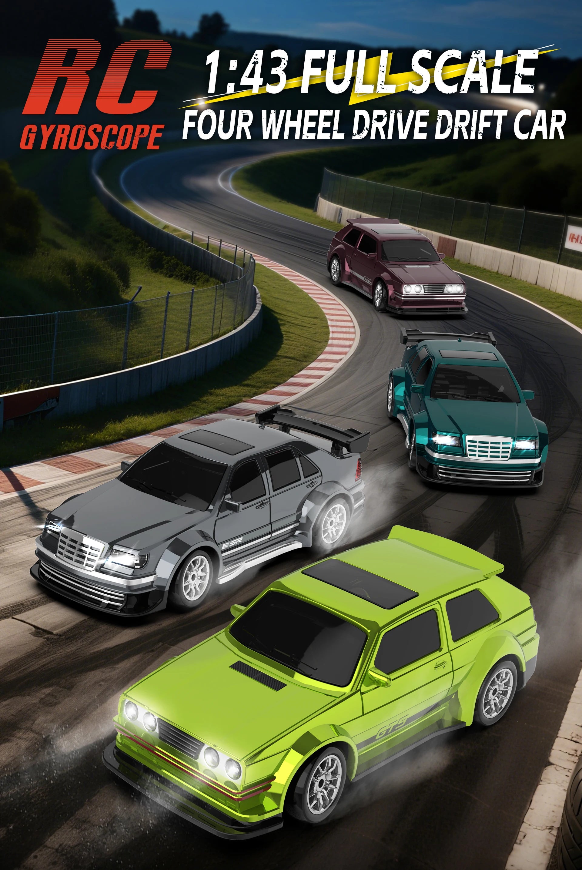 Rc Drift Car 1:43 Scale Full-Size 4WD 2.4g High-speed racing car with gyroscope, equipped with LED and rechargeable function