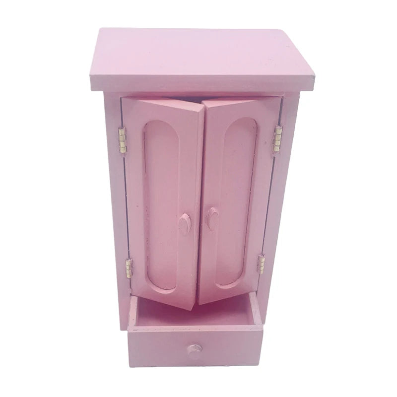 Dollhouse Bedroom Pink Mini Wooden Wardrobe Model Miniature Furniture Decor DIY Scene Accessories Toy