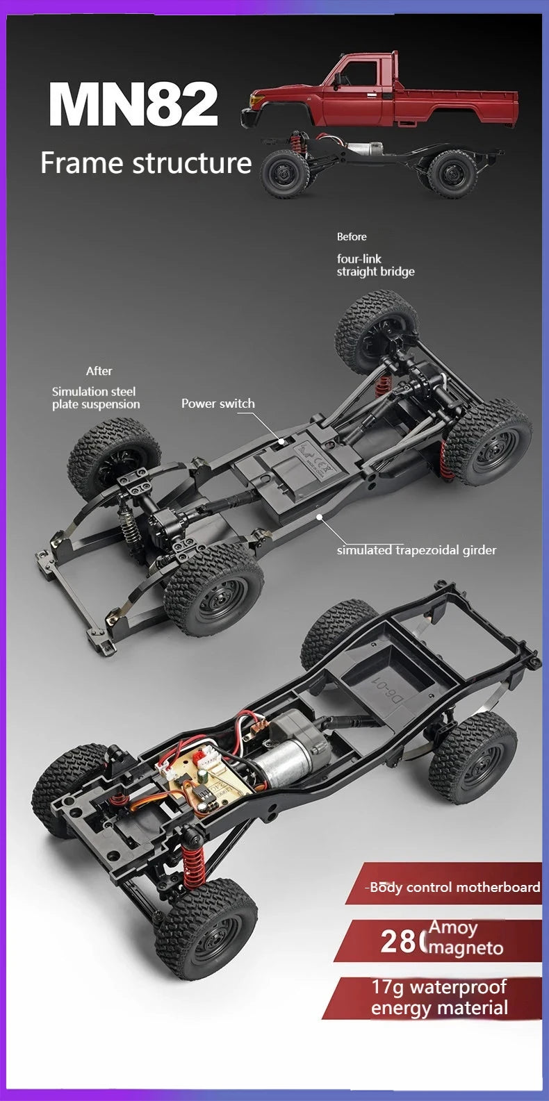Rc Car MN82 1:12 Retro with LED Lights, Full Scale Analog LC79, Professional Four-wheel Drive Truck, Toy Truck Model RC
