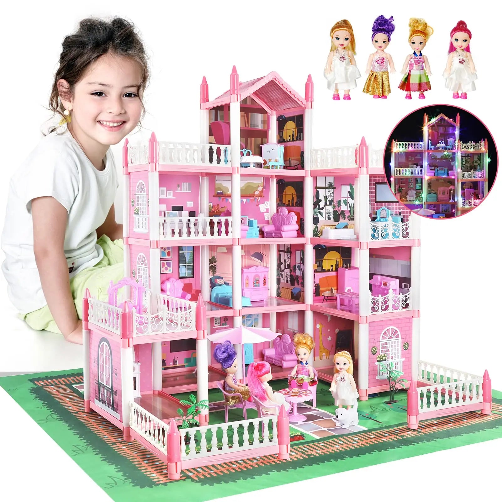 Doll House Set for Girls, Dream House Toys with 4 Dolls Furniture 4-Story 11 Rooms,Pretend Play Dreamhouse DIY with Light Kids