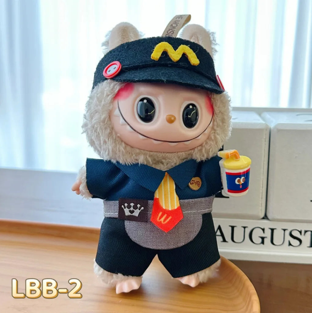 For 17cm V1V2 Labubu mcdonalds clothes outfit Working Girl Set Cute Doll workwear Clothing  boy outfit overalls accessories