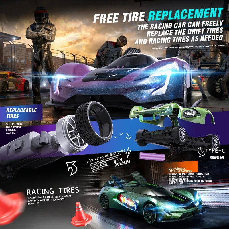 RC Car 2.4G 20km/h High-speed Drift Sports Cars with Light Music Racing Car Eletric Vehicle Model Toys for Boys Kids Xmas Gifts