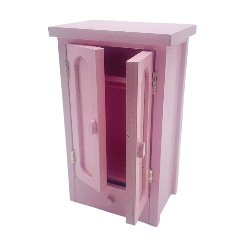 Dollhouse Bedroom Pink Mini Wooden Wardrobe Model Miniature Furniture Decor DIY Scene Accessories Toy