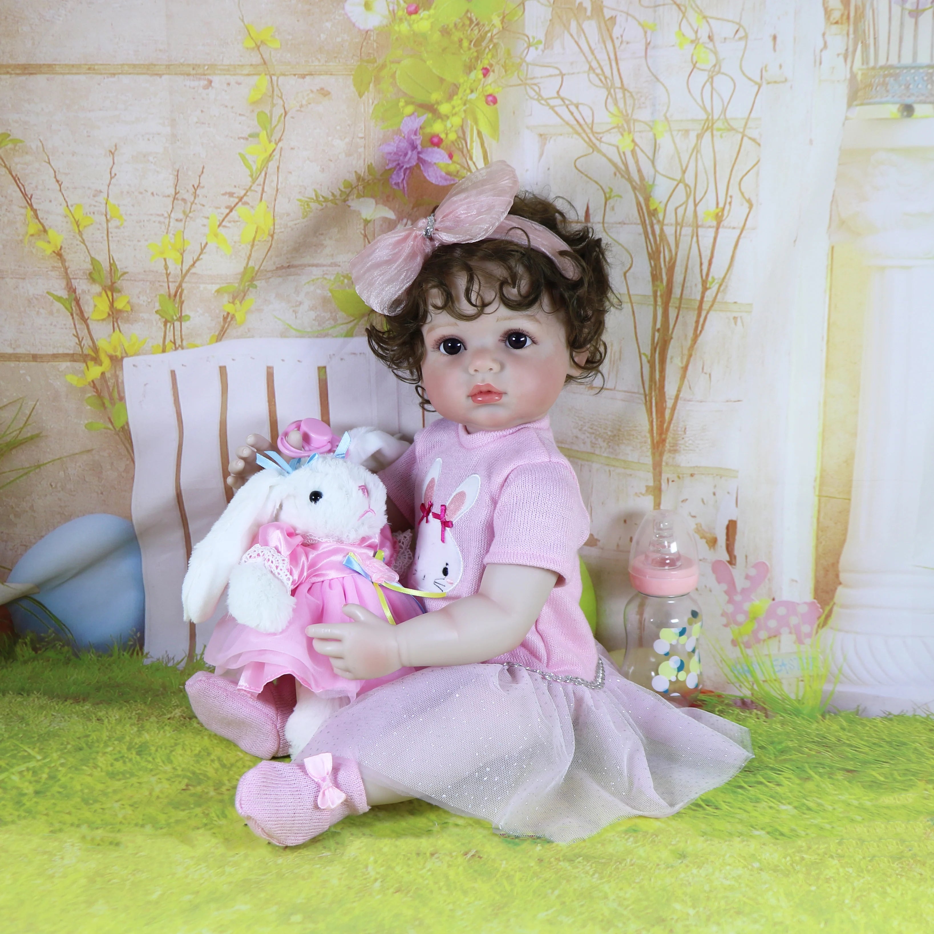 Reborn Baby Doll with 3D Painted on face and Soft Full Vinyl with Rooted Hair with Plush Little Bunny, Perfect Birthday