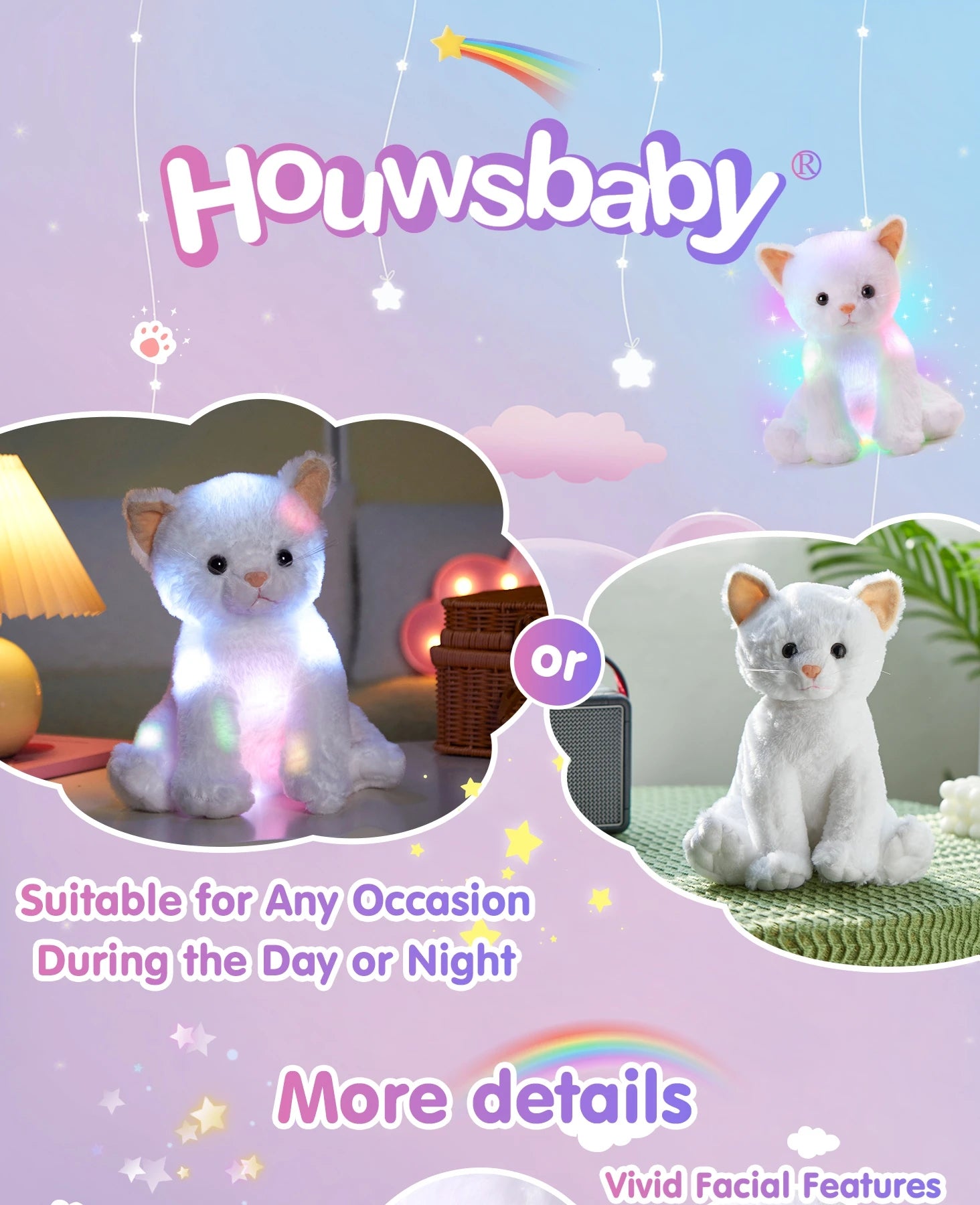 Glowing Musical White Cat Plush Toy，Happy Mother"s Day GiftCute Soft Kitty Stuffed Animal, Birthday Party Gift For Kids