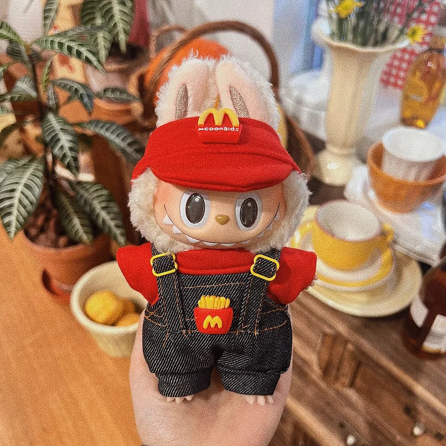 For 17cm V1V2 Labubu mcdonalds clothes outfit Working Girl Set Cute Doll workwear Clothing  boy outfit overalls accessories