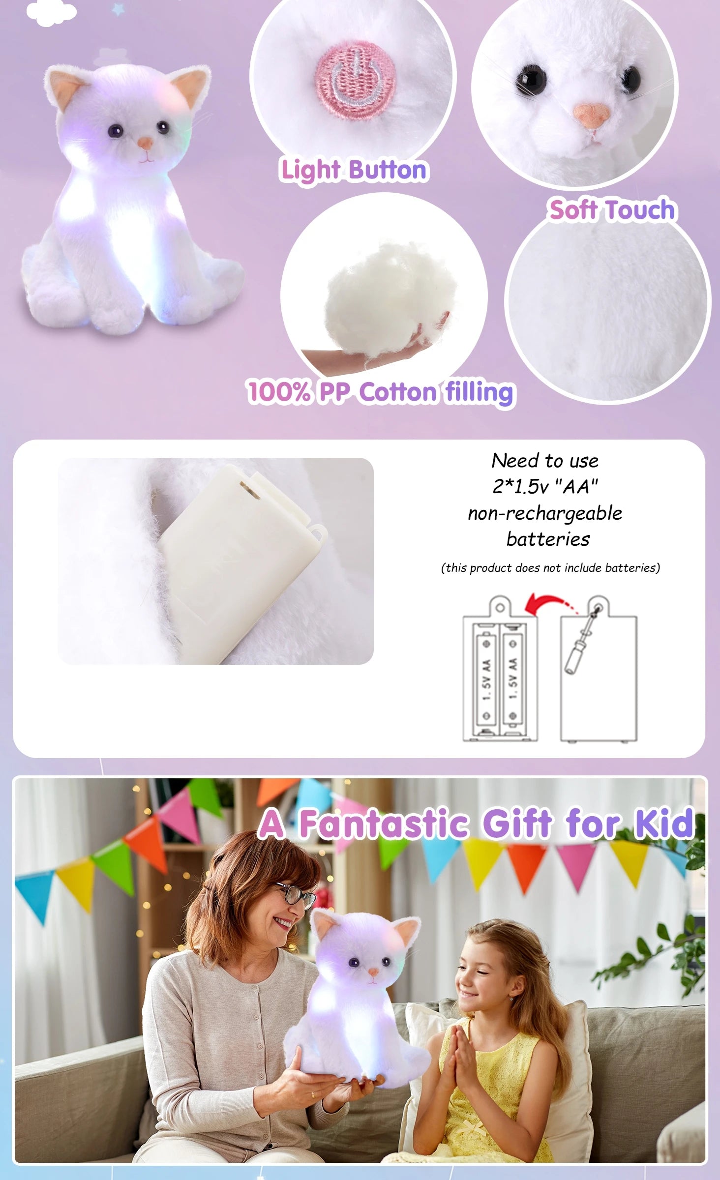 Glowing Musical White Cat Plush Toy，Happy Mother"s Day GiftCute Soft Kitty Stuffed Animal, Birthday Party Gift For Kids