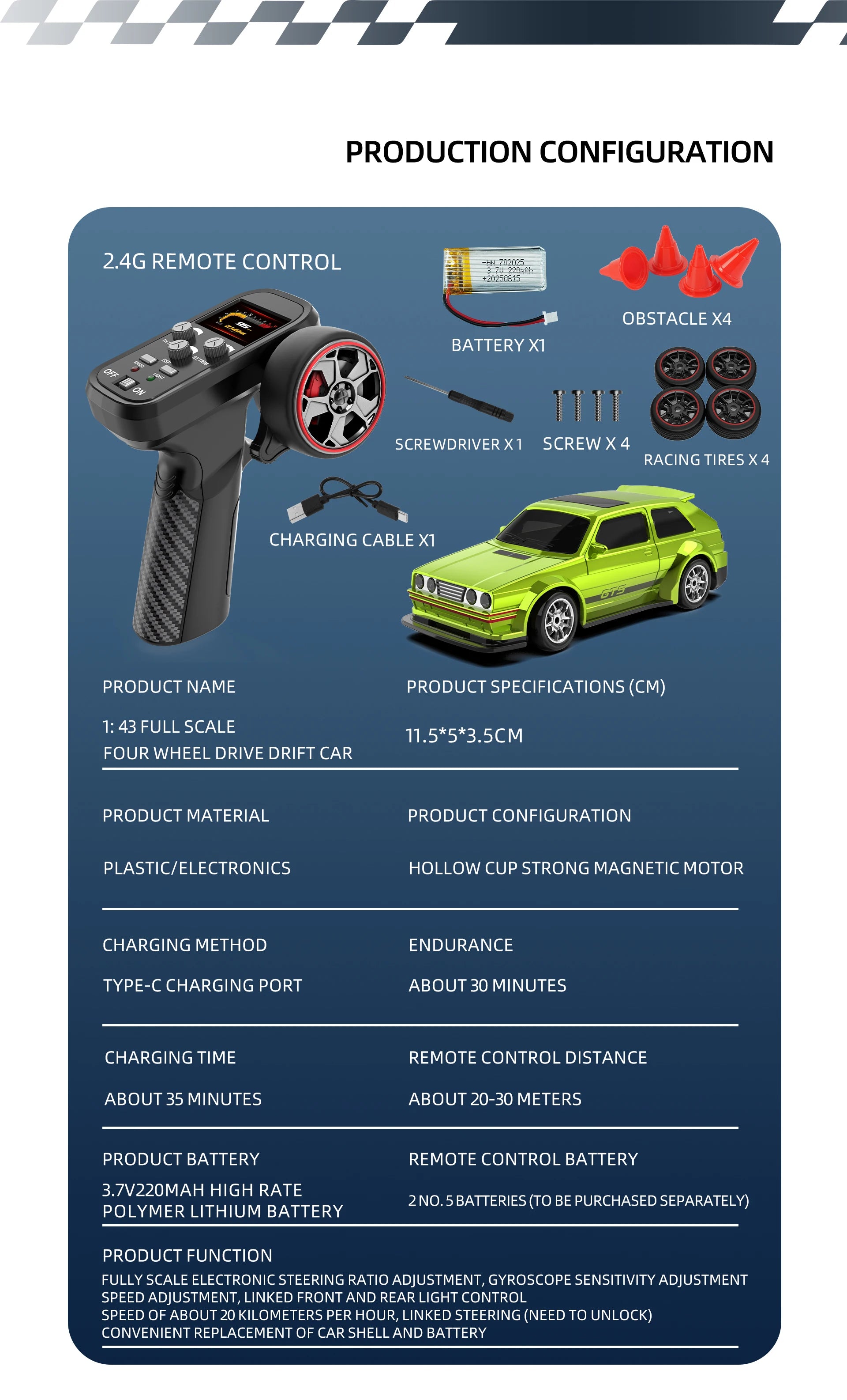 Rc Drift Car 1:43 Scale Full-Size 4WD 2.4g High-speed racing car with gyroscope, equipped with LED and rechargeable function