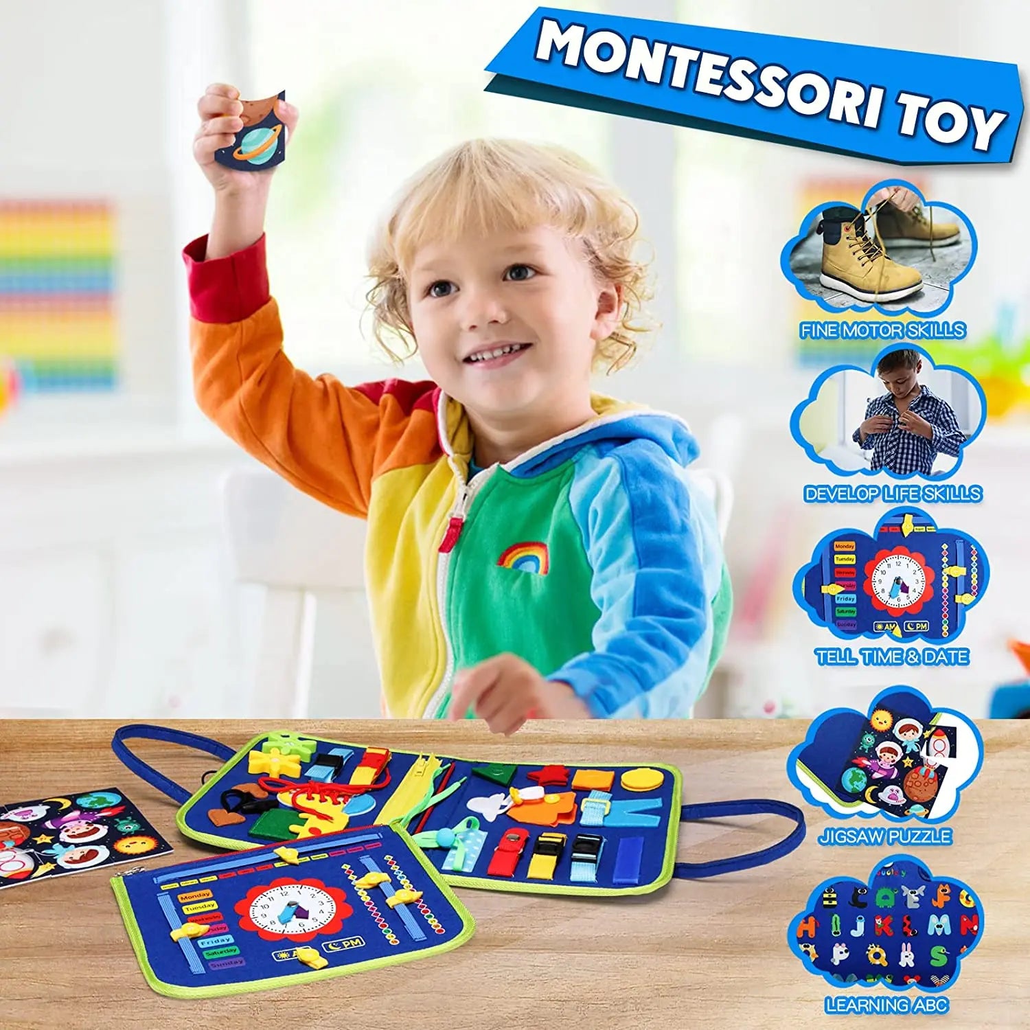 Montessori Toys Busy Board Toddler Sensory Activity Developing Board for Motor Skills， Educational Travel Activity Toys