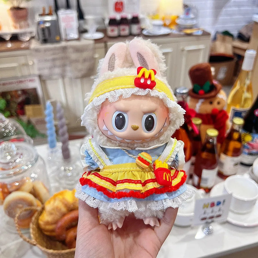 For 17cm V1V2 Labubu mcdonalds clothes outfit Working Girl Set Cute Doll workwear Clothing  boy outfit overalls accessories