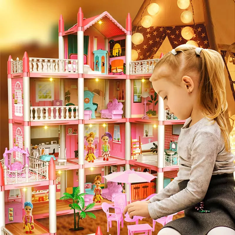 Large Dollhouse, Toddler House for Girls - with dolls, furniture, accessories, LED lights, 4 stories princess dream house toys