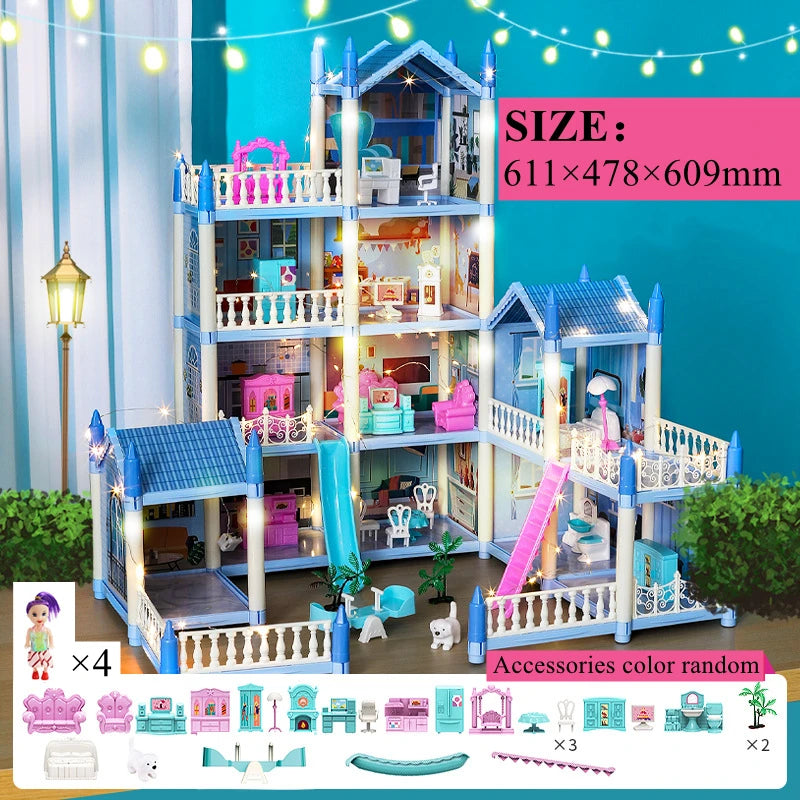 Doll Houses 3D Assembled DIY Miniatures Dollhouse Accessories Villa Princess Castle with LED Light Girl Birthday Gift Toy House