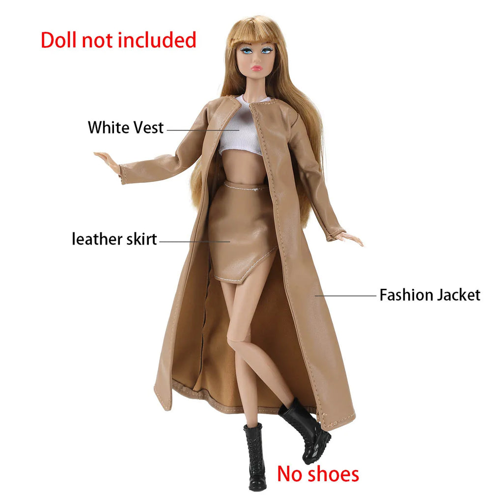 30cm Supermodel Doll Clothes Elegant/Mature Women Dress Up Fashion Leather Jacket+Vest+Skirt Set For 1/6 Doll Career Girls Wear
