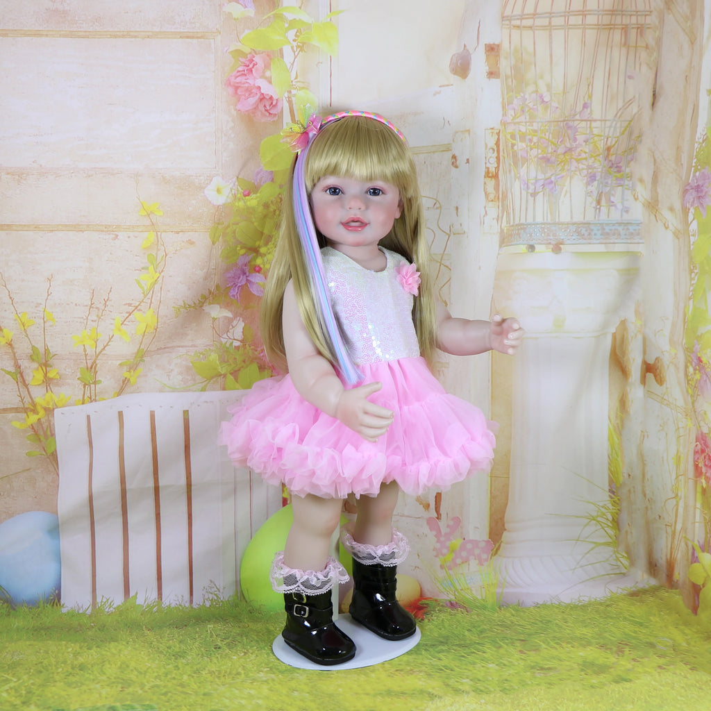 Reborn Toddler Stand Doll -22 inch Fashions Girl with 3D Painted Skin on face  full vinyl with Blonde wigs Christmas Gift