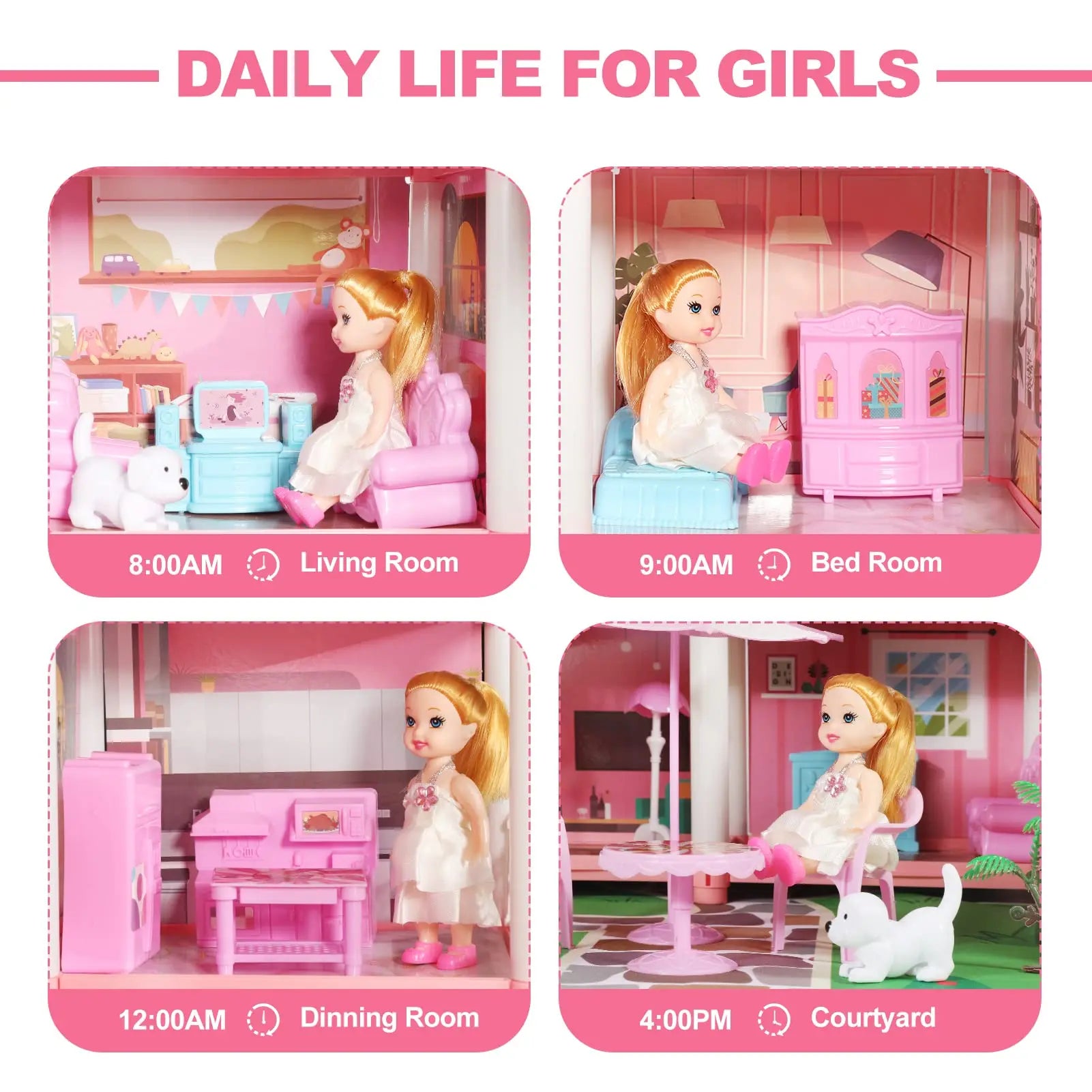 Doll House Set for Girls, Dream House Toys with 4 Dolls Furniture 4-Story 11 Rooms,Pretend Play Dreamhouse DIY with Light Kids