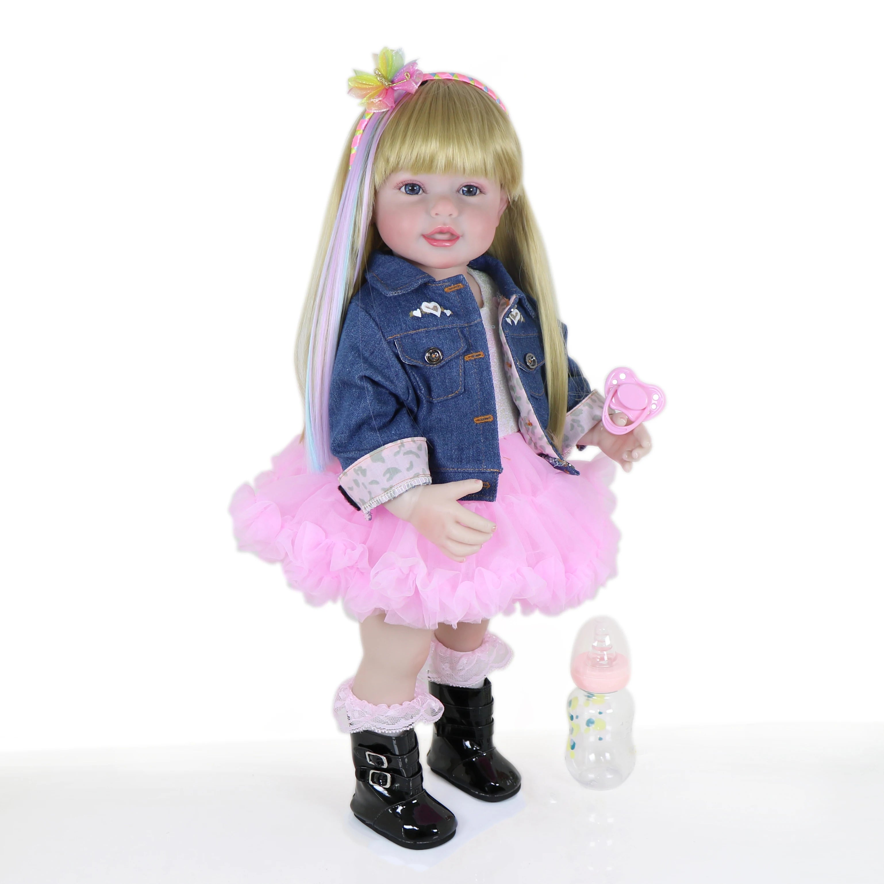Reborn Toddler Stand Doll -22 inch Fashions Girl with 3D Painted Skin on face  full vinyl with Blonde wigs Christmas Gift