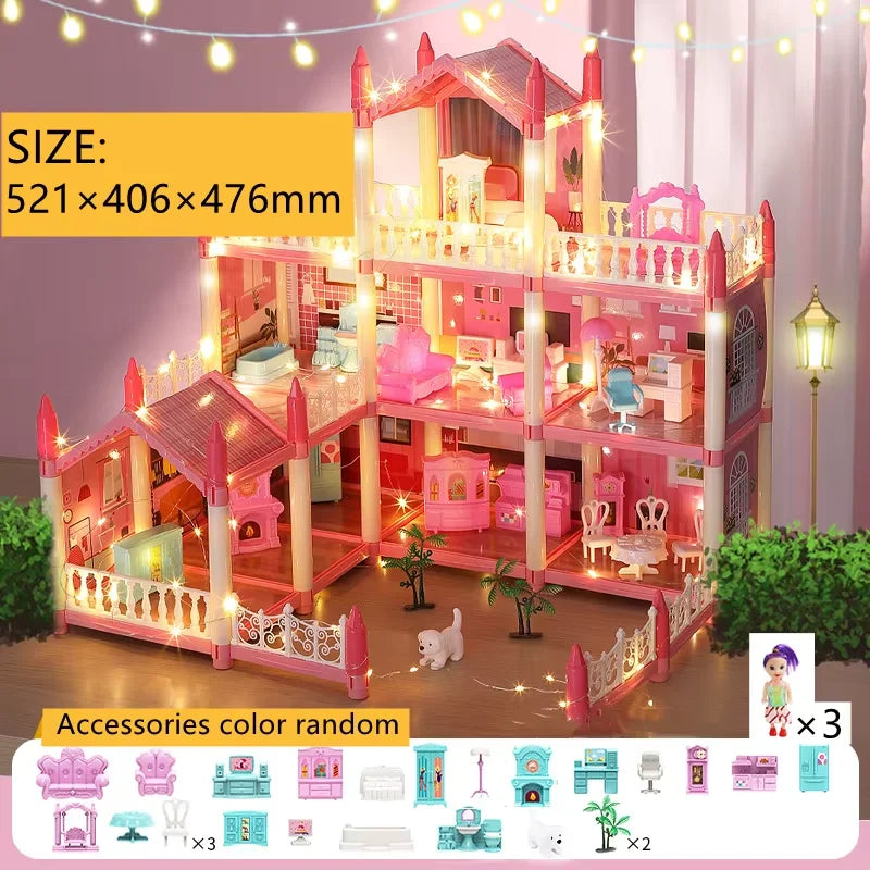 Large Dollhouse, Toddler House for Girls - with dolls, furniture, accessories, LED lights, 4 stories princess dream house toys