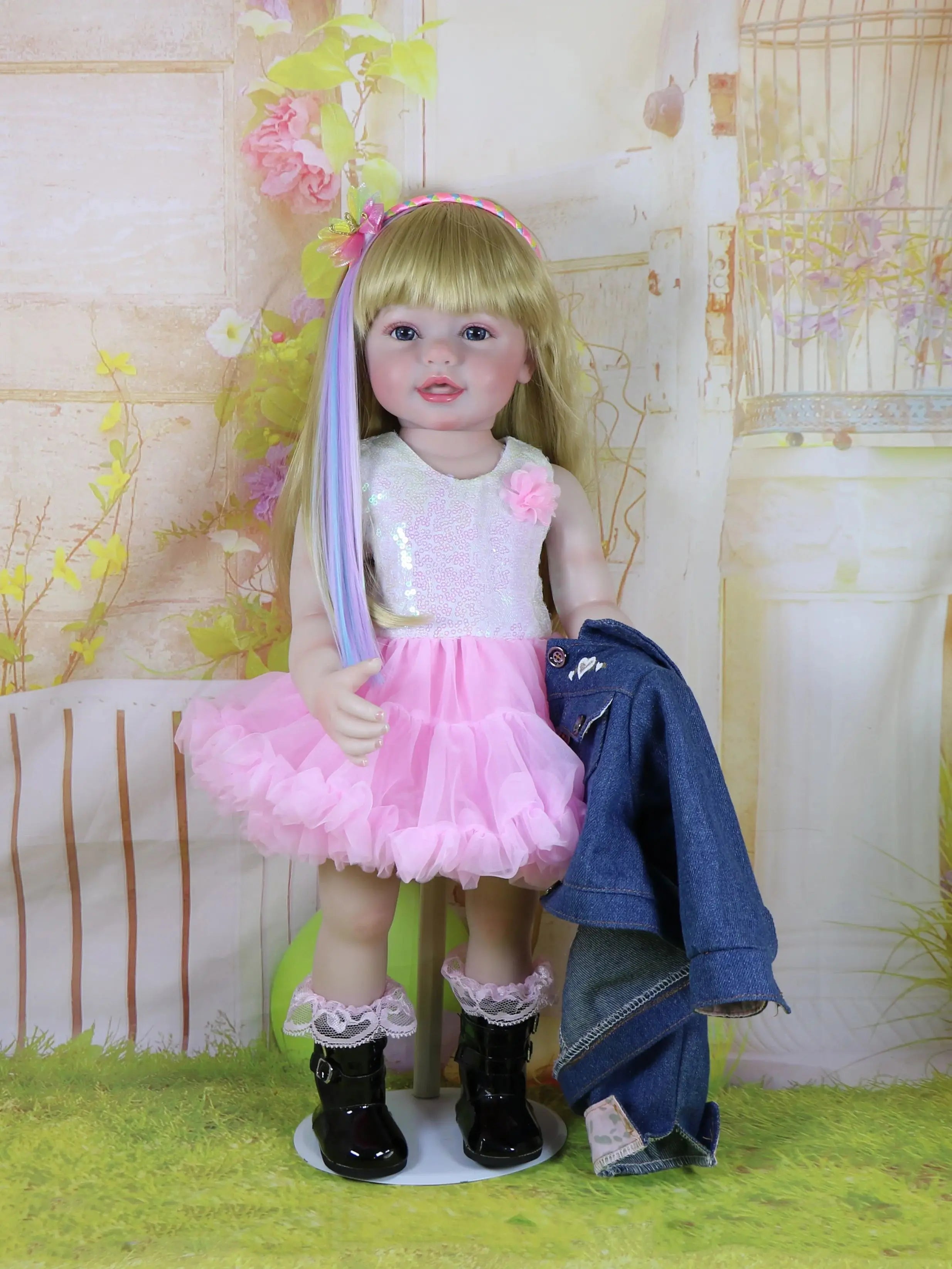 Reborn Toddler Stand Doll -22 inch Fashions Girl with 3D Painted Skin on face  full vinyl with Blonde wigs Christmas Gift
