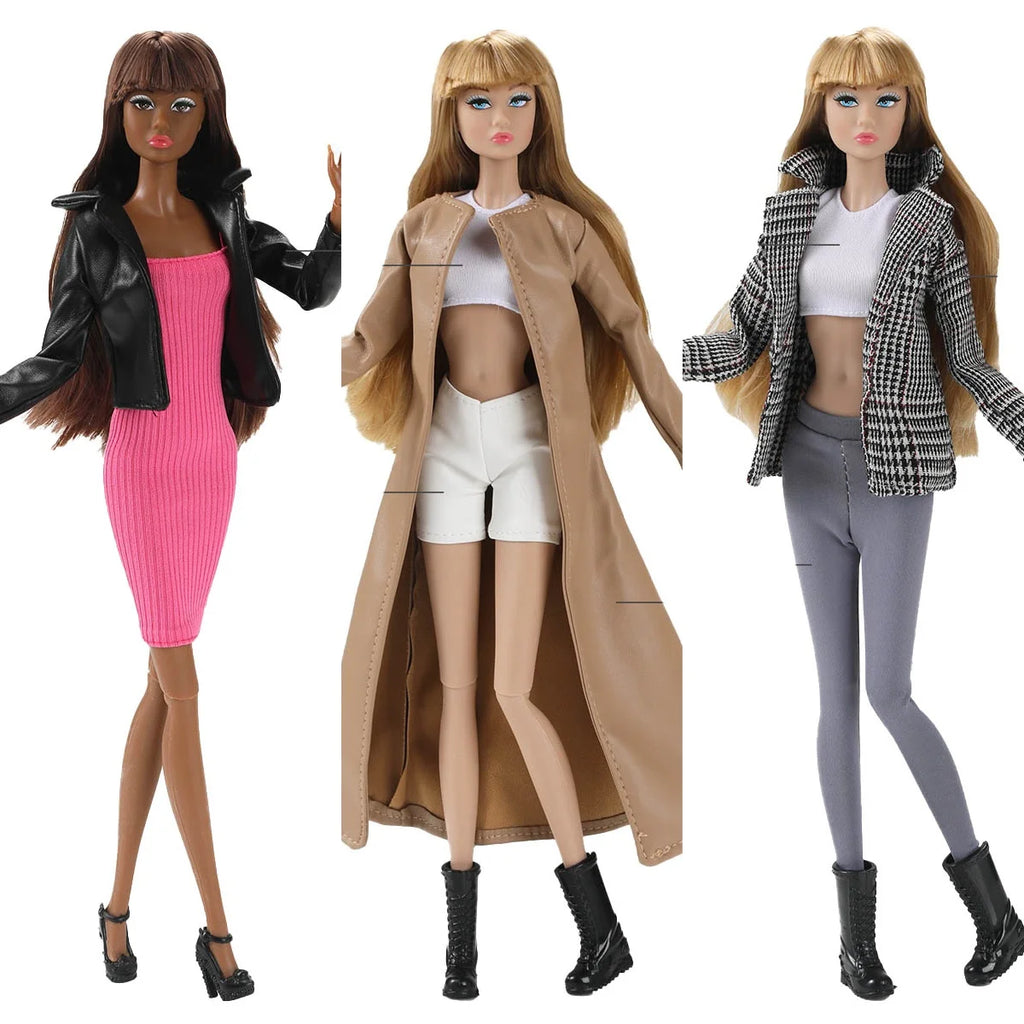 30cm Supermodel Doll Clothes Elegant/Mature Women Dress Up Fashion Leather Jacket+Vest+Skirt Set For 1/6 Doll Career Girls Wear