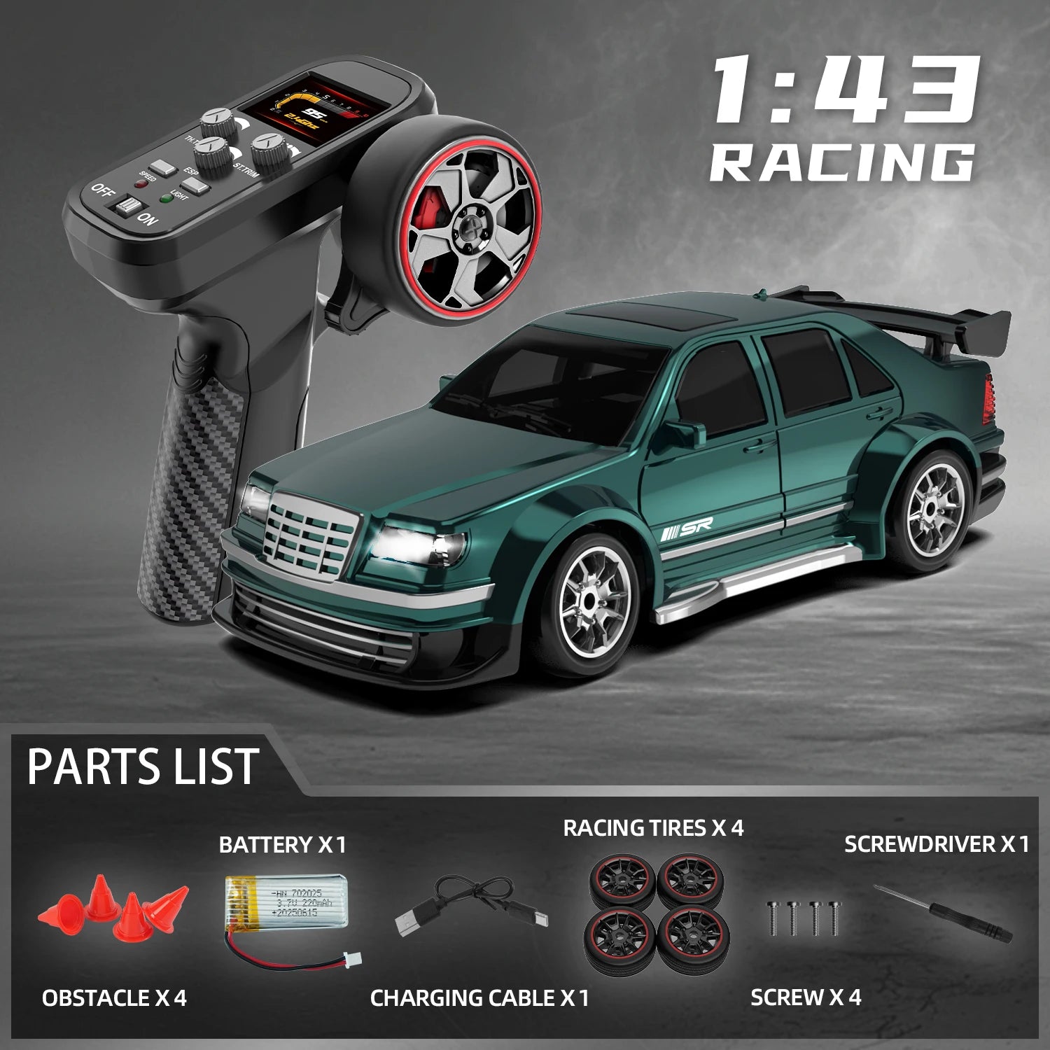 Rc Drift Car 1:43 Scale Full-Size 4WD 2.4g High-speed racing car with gyroscope, equipped with LED and rechargeable function