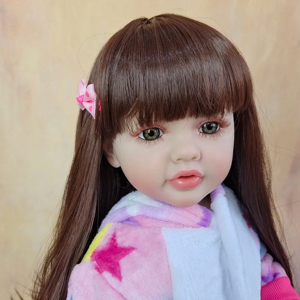 Reborn Baby Girl Doll 55 CM 22 Inch Soft Silicone Lifelike Long Brown Hair Realistic Princess Toddler Bebe Birthday Gift