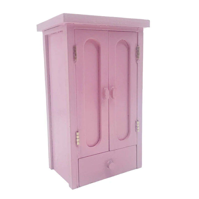 Dollhouse Bedroom Pink Mini Wooden Wardrobe Model Miniature Furniture Decor DIY Scene Accessories Toy
