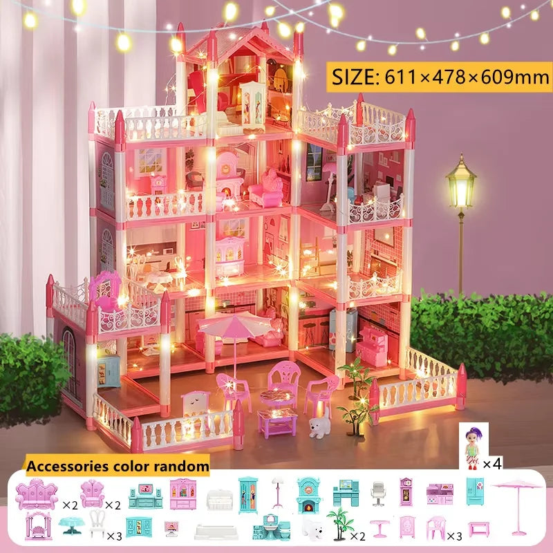 Large Dollhouse, Toddler House for Girls - with dolls, furniture, accessories, LED lights, 4 stories princess dream house toys