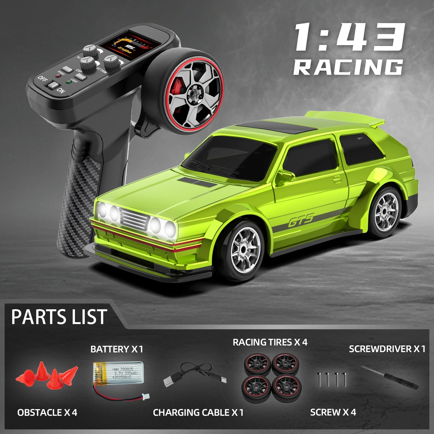 Rc Drift Car 1:43 Scale Full-Size 4WD 2.4g High-speed racing car with gyroscope, equipped with LED and rechargeable function